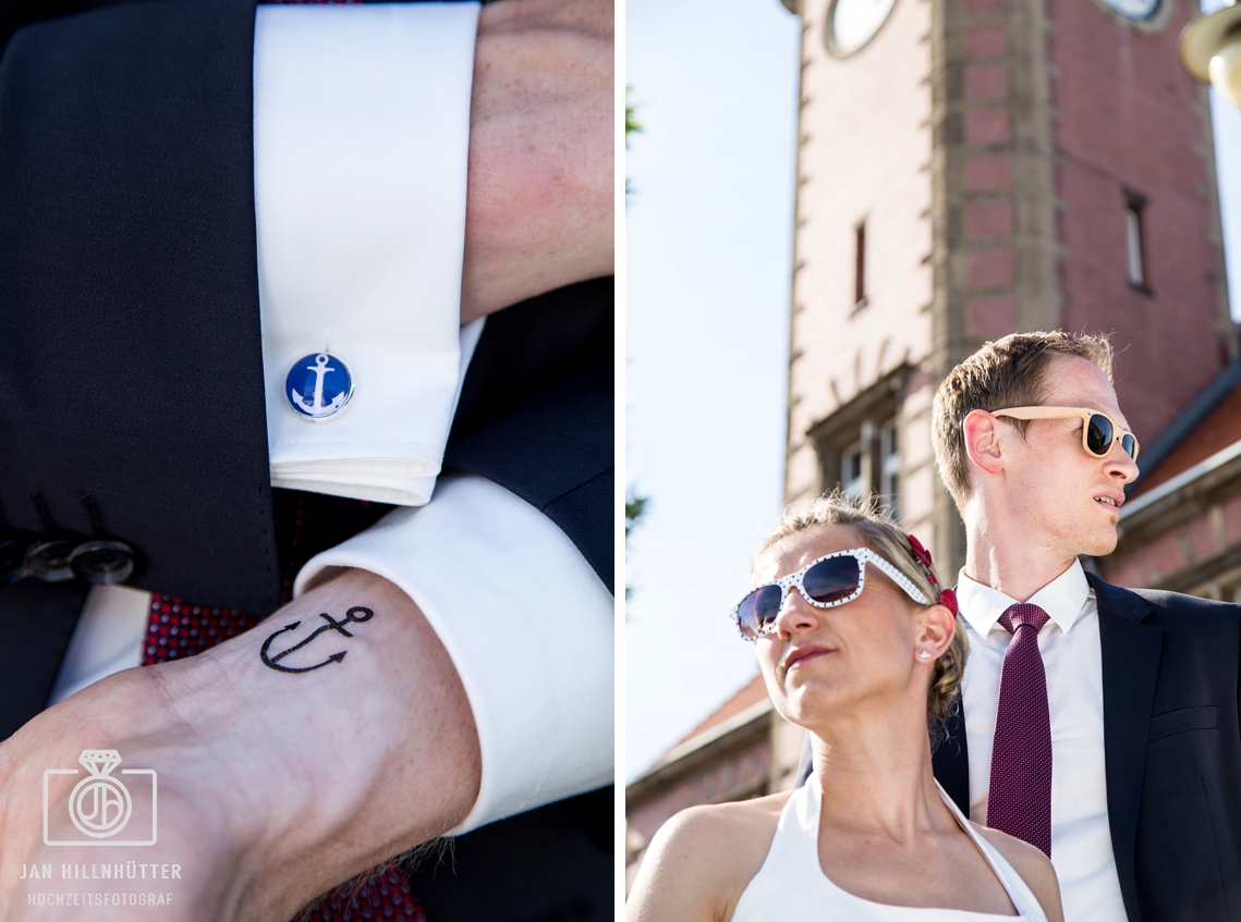 Brautpaar-Portrait-Schiffshochzeit-Anker-Manschettenknoepfe-Motto-Hochzeit-Dortmund