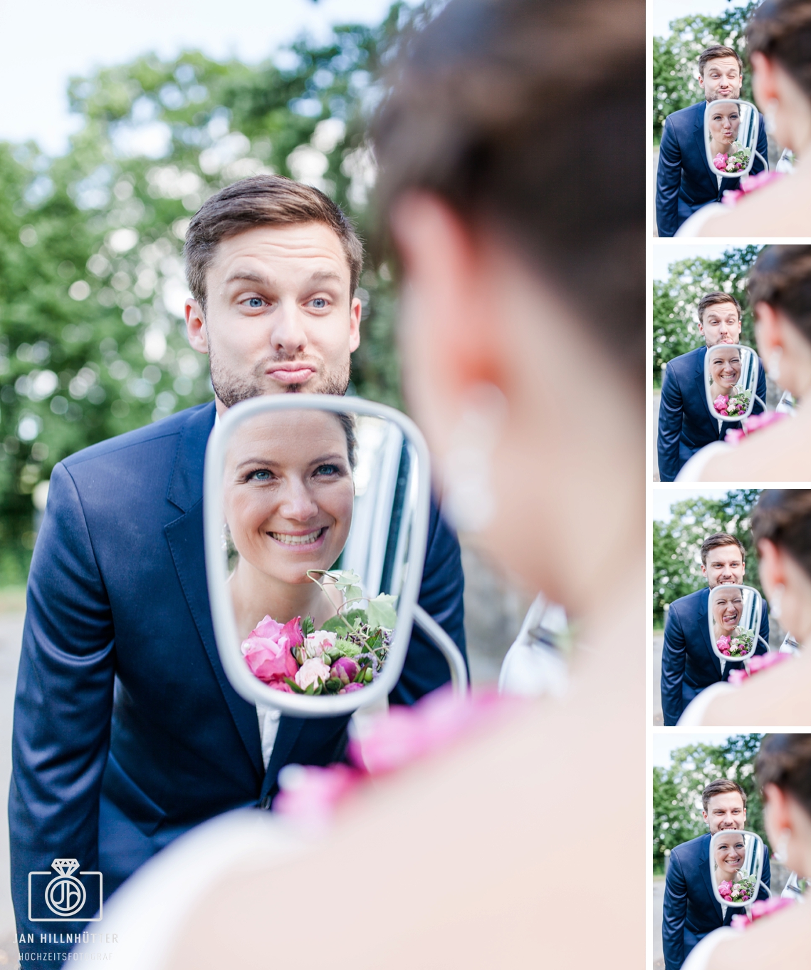 Lustiges-Hochzeitspaar-Spiegel-T1-VW-Bus