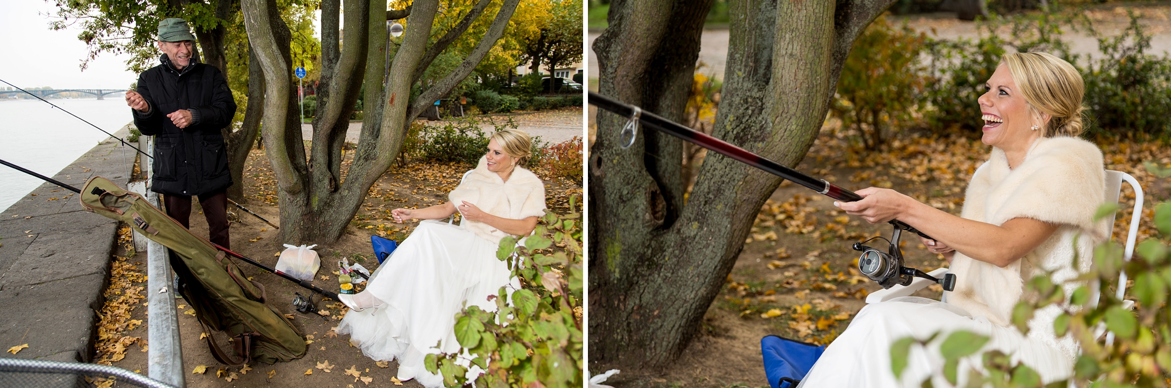 Hochzeitsfotograf-Mainz-lustige-Braut-angelt-am-Rhein