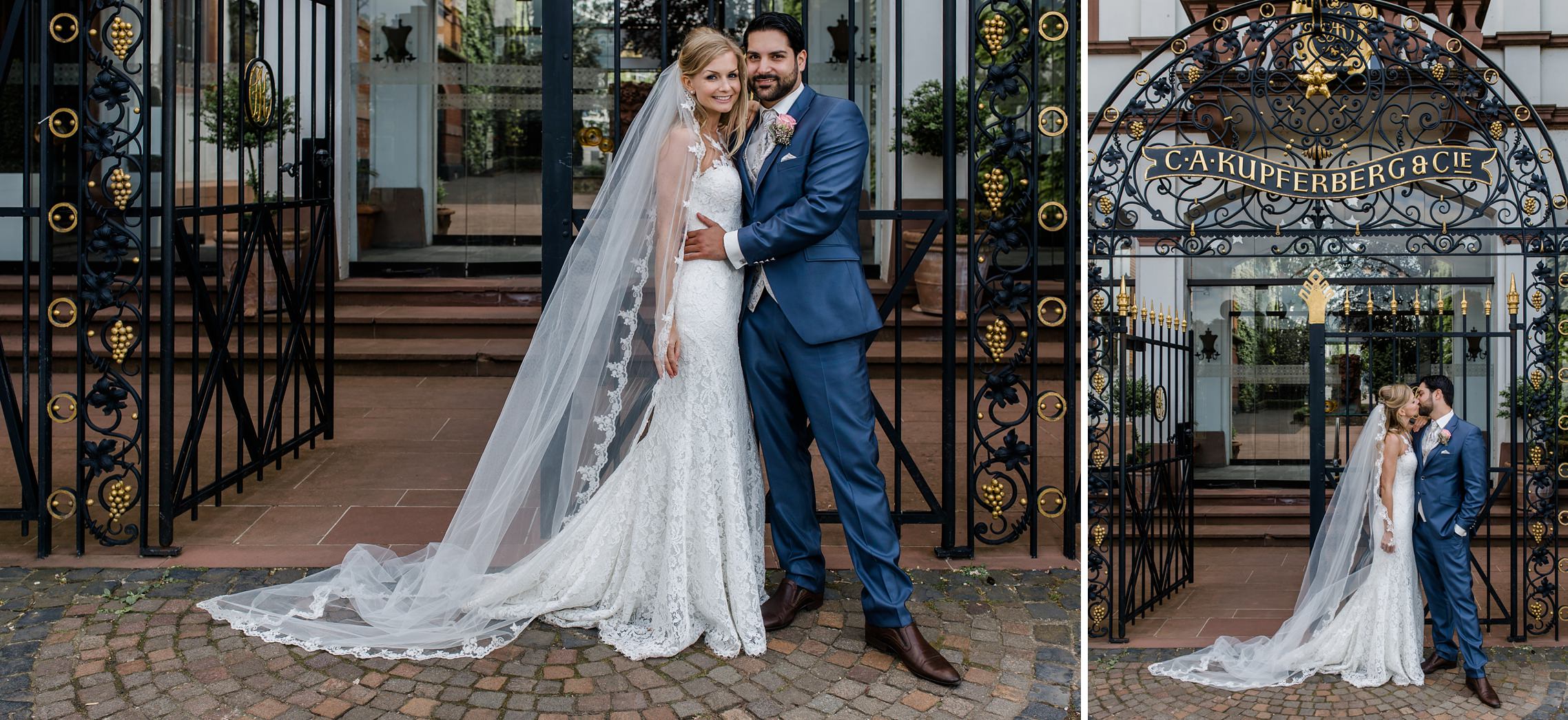 Hochzeitspaar vor dem schmiedeeisernen Tor der Kupferbergterrasse in Mainz