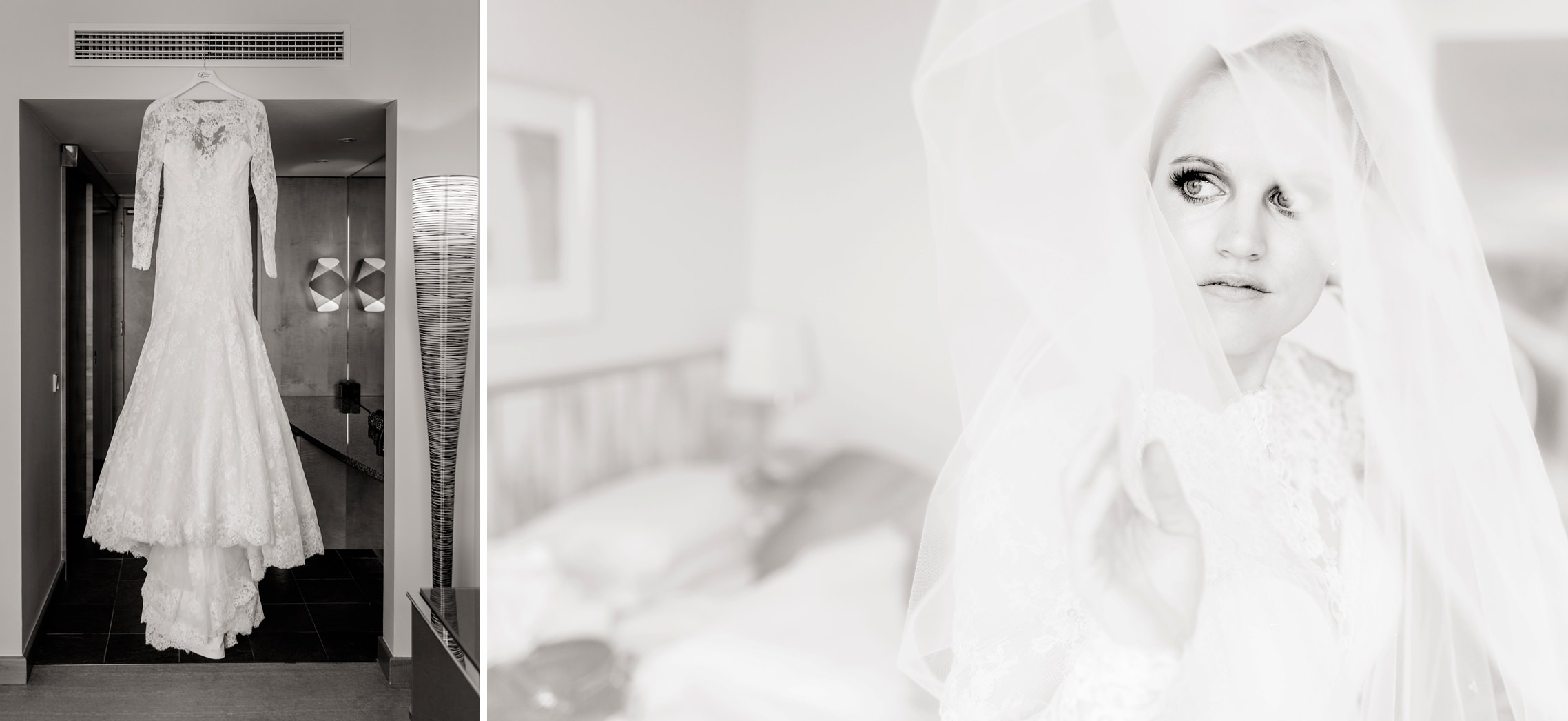 Bildpaar: Schwarz-weiss Portrait der Braut unter ihrem Schleier und das Hochzeitskleid.