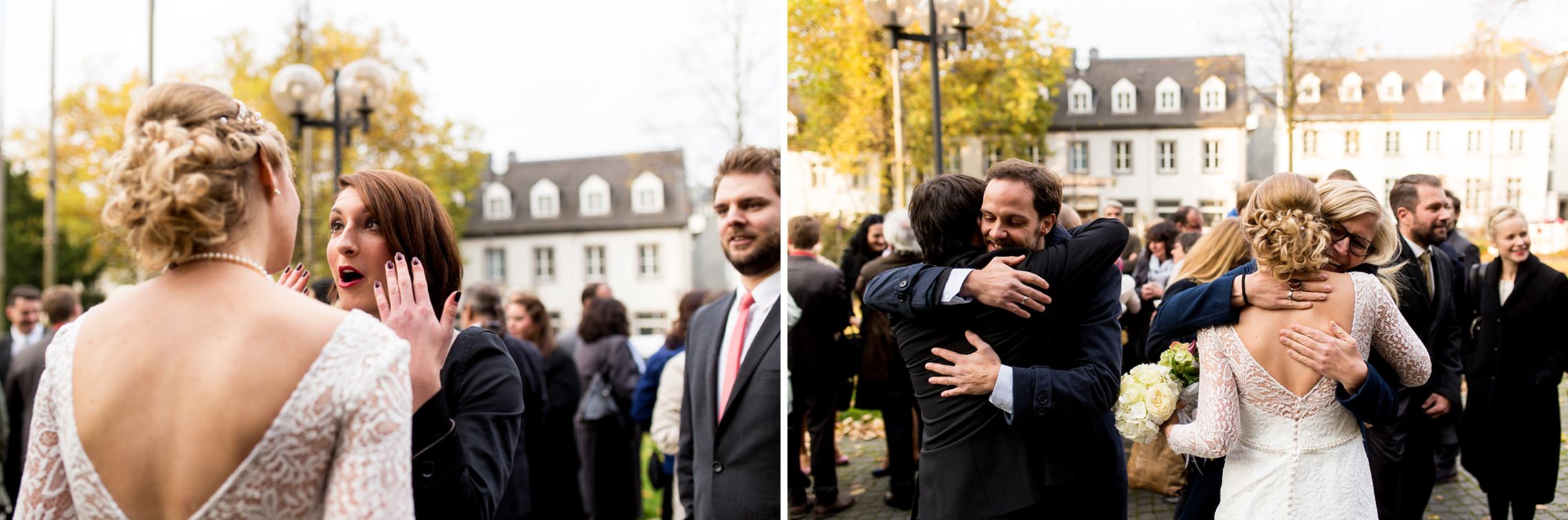 Emotionale Gratulationen der Gäste nach der Trauung in der Basilika in Werden