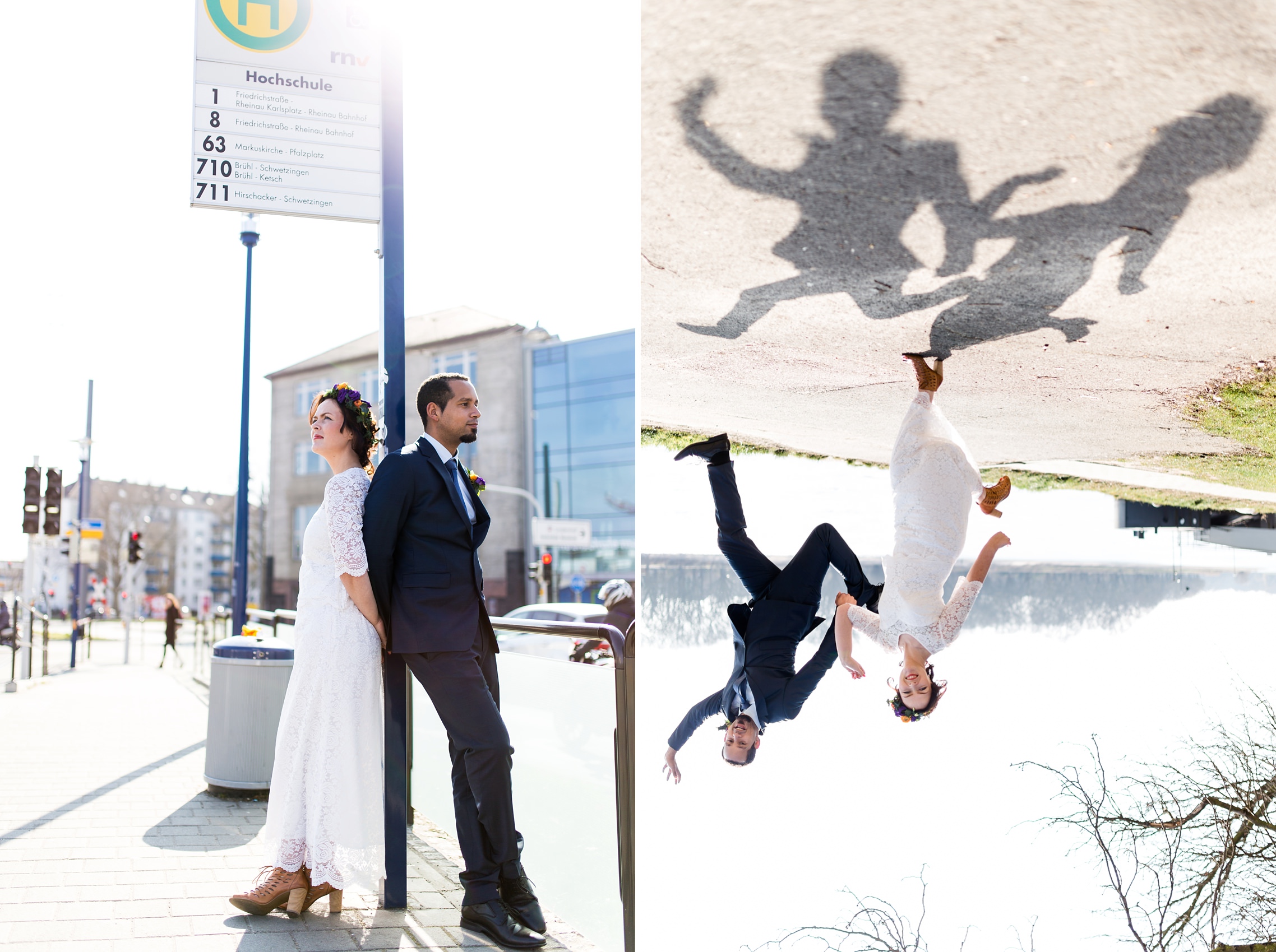 Ausgefallene Hochzeitsfotos - um 180 Grad gedrehtes Hochzeitspaar mit Schattenwurf