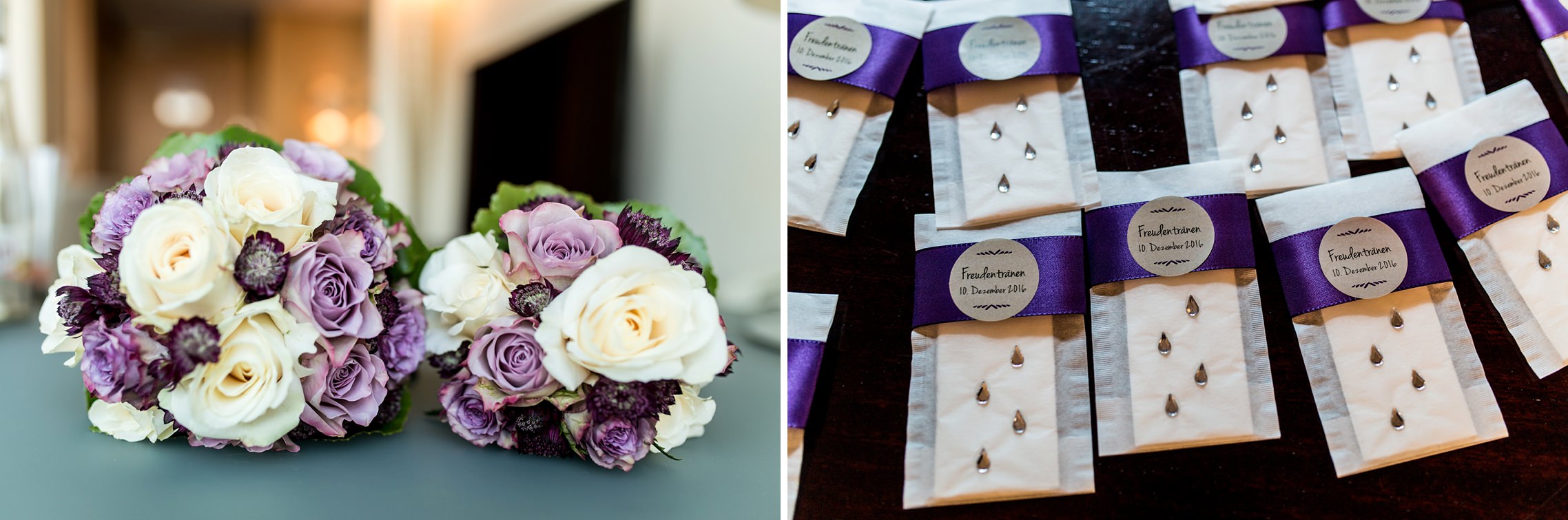 Blumenschmuck und Taschentücher für Freudentränen auf einer Hochzeit