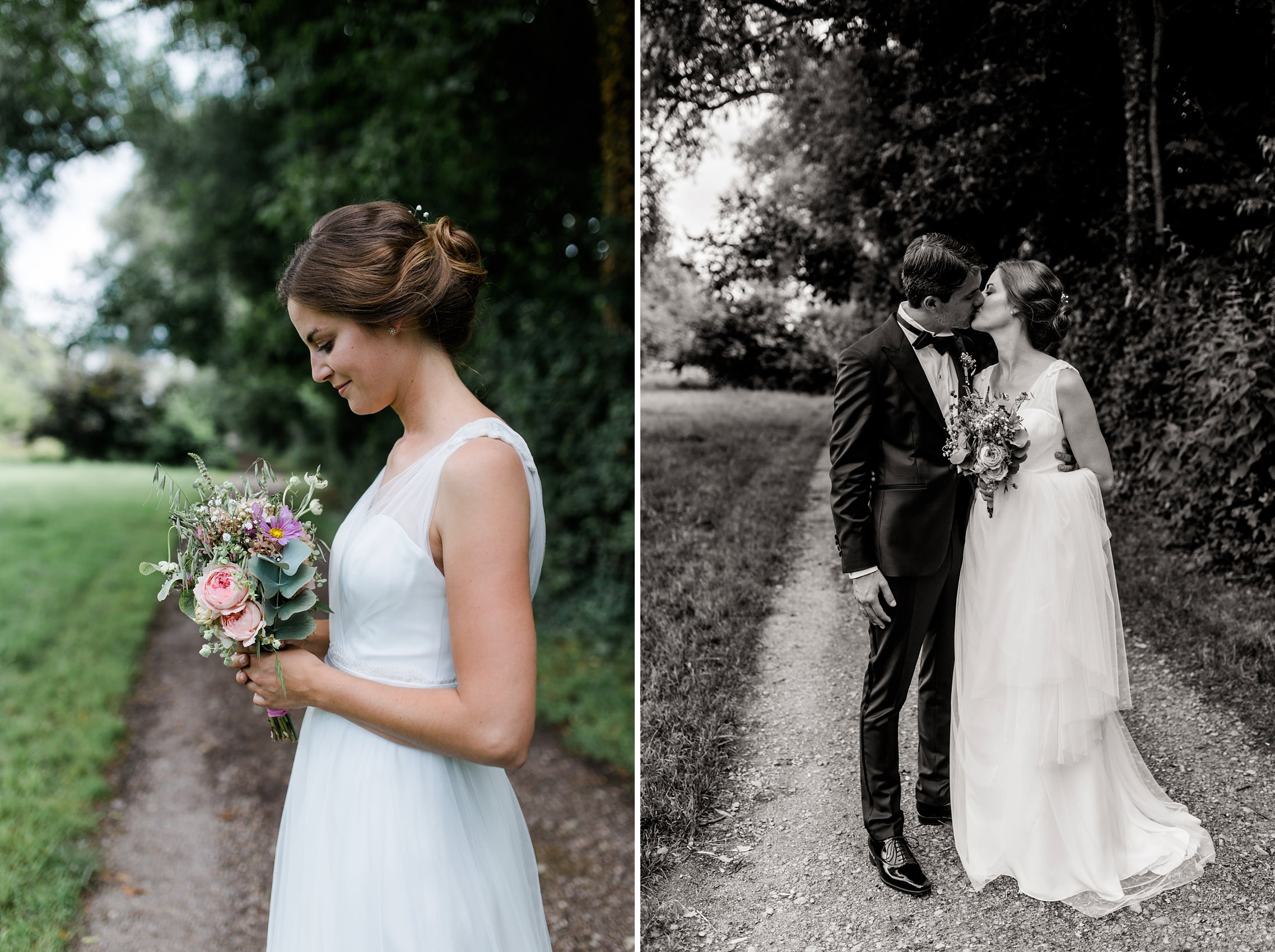 Bildpaar: Braut mit Brautstrauss und küssendes Hochzeitspaar in schwarzweiss