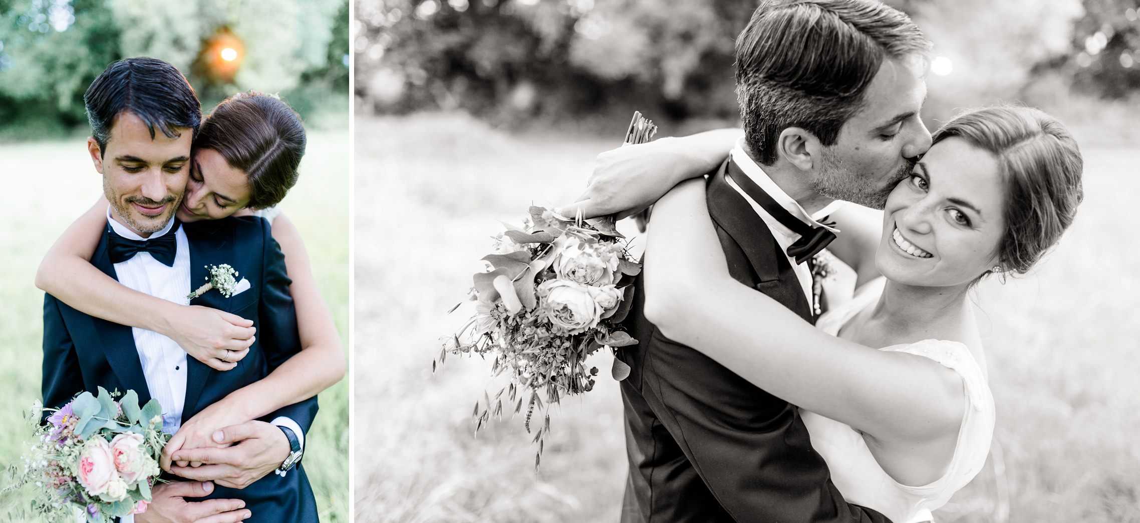 Romantisches Brautpaar welches sich beim Fotoshooting umarmt