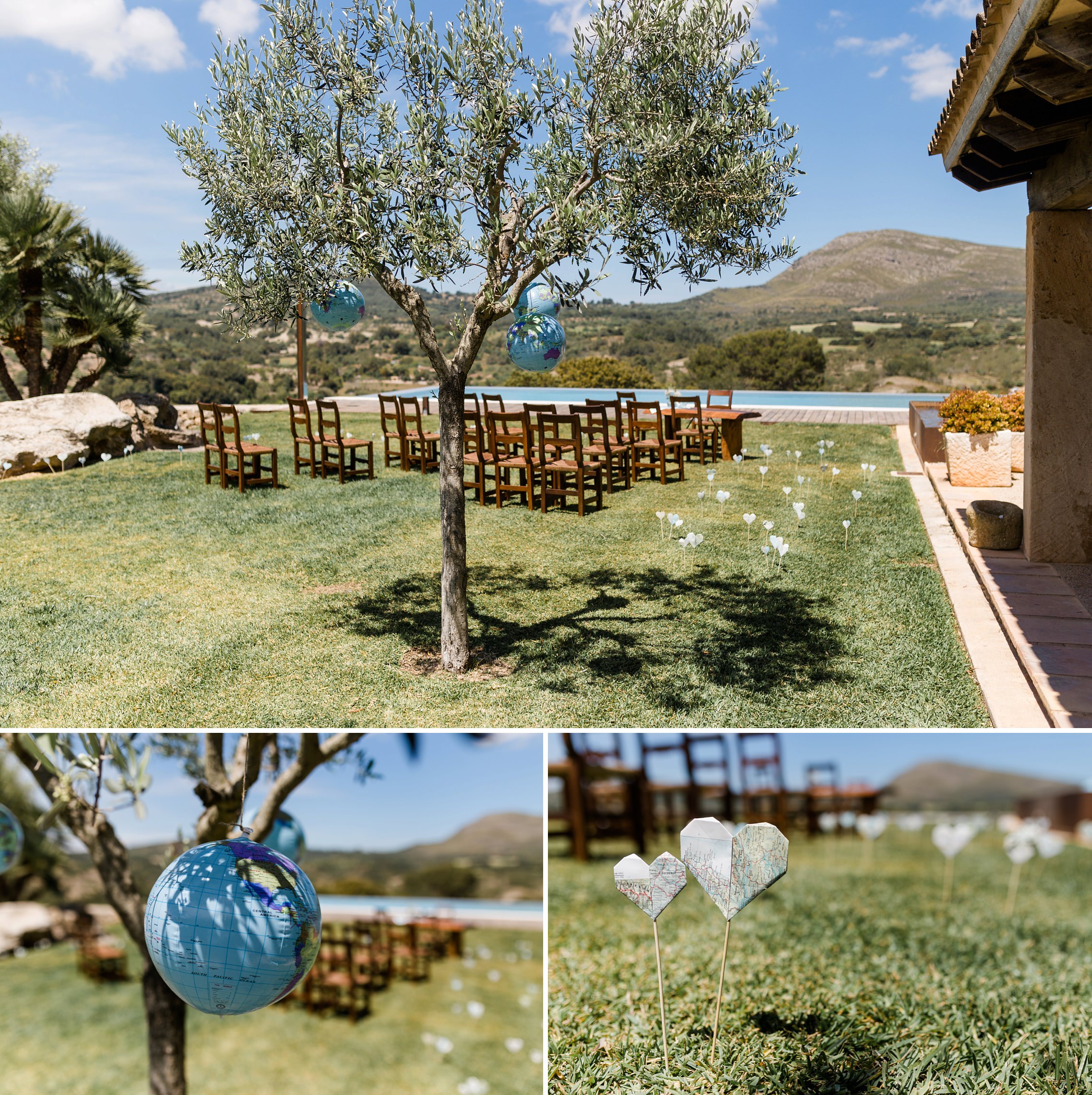 Deko-Details mit Landkarten-Muster auf der Finca-Hochzeit