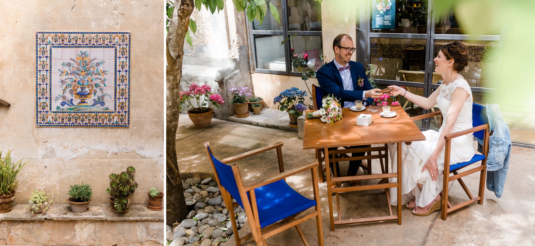 Brautpaar in einem süßen Cafe in Artá auf Mallorca