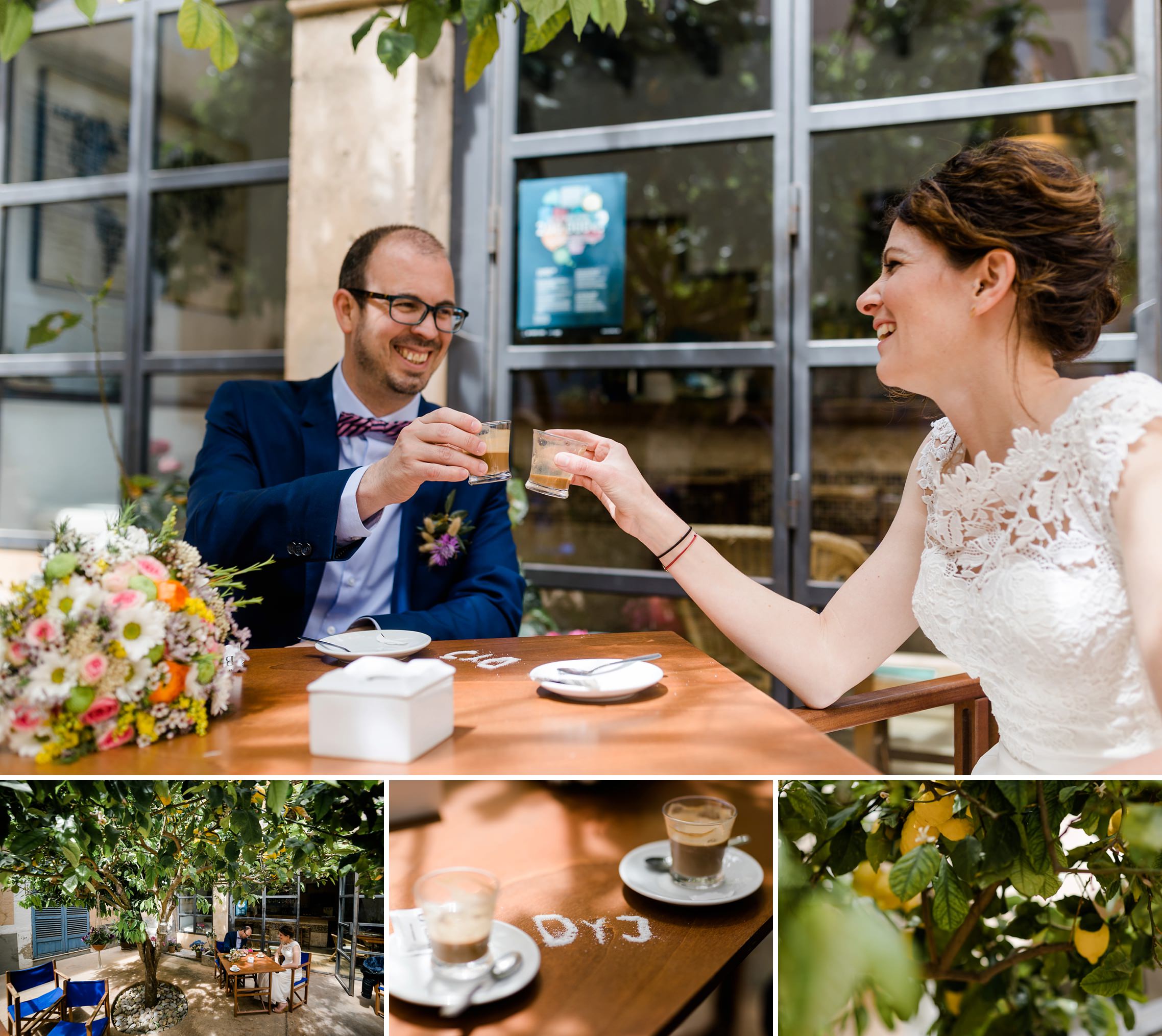 Hochzeitspaar trinkt einen Kaffee in einem sehr schönen Cafe in Artá auf Mallorca