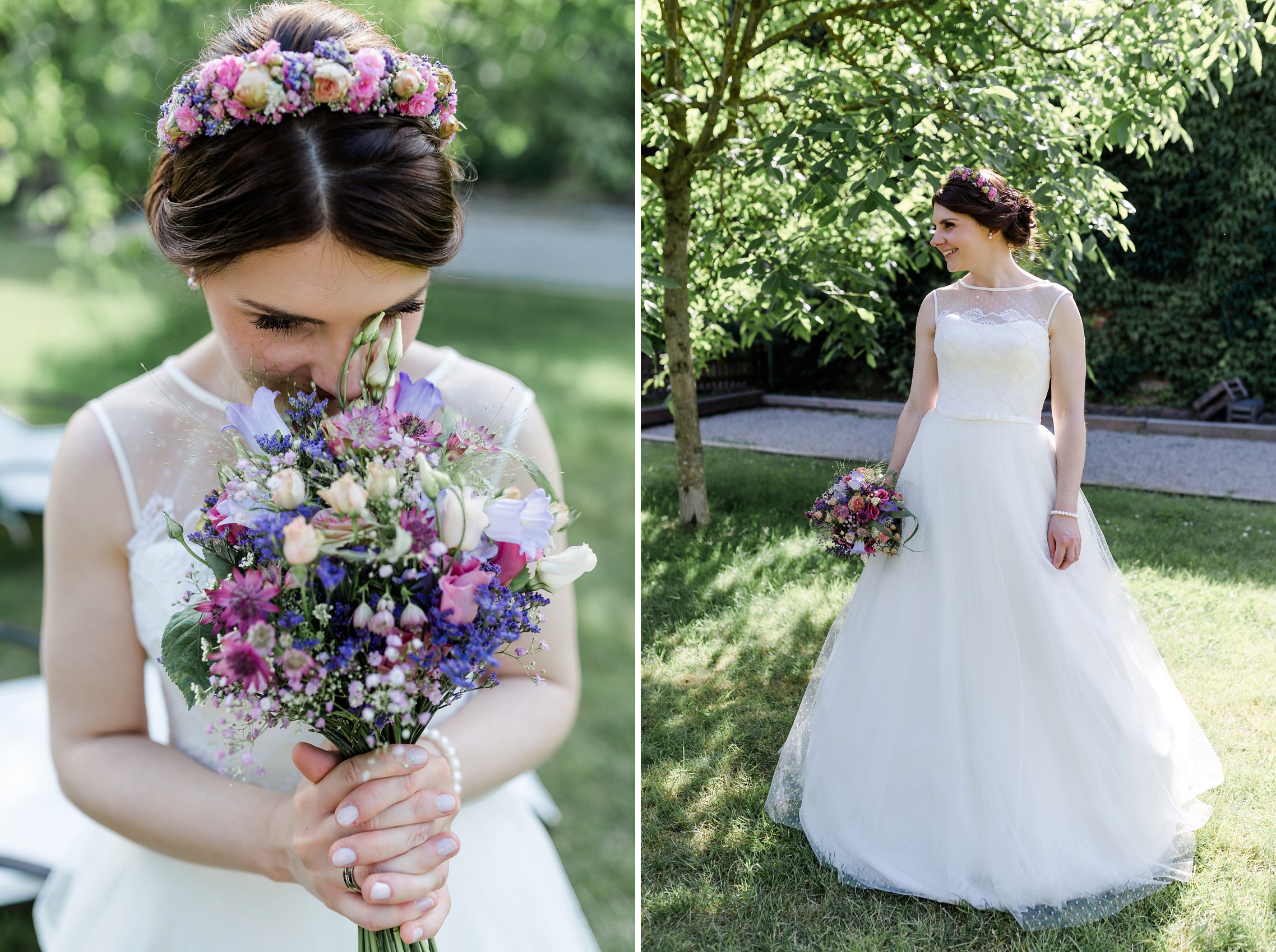 Portrait der Braut mit ihrem Blumenschmuck und dem Hochzeitskleid