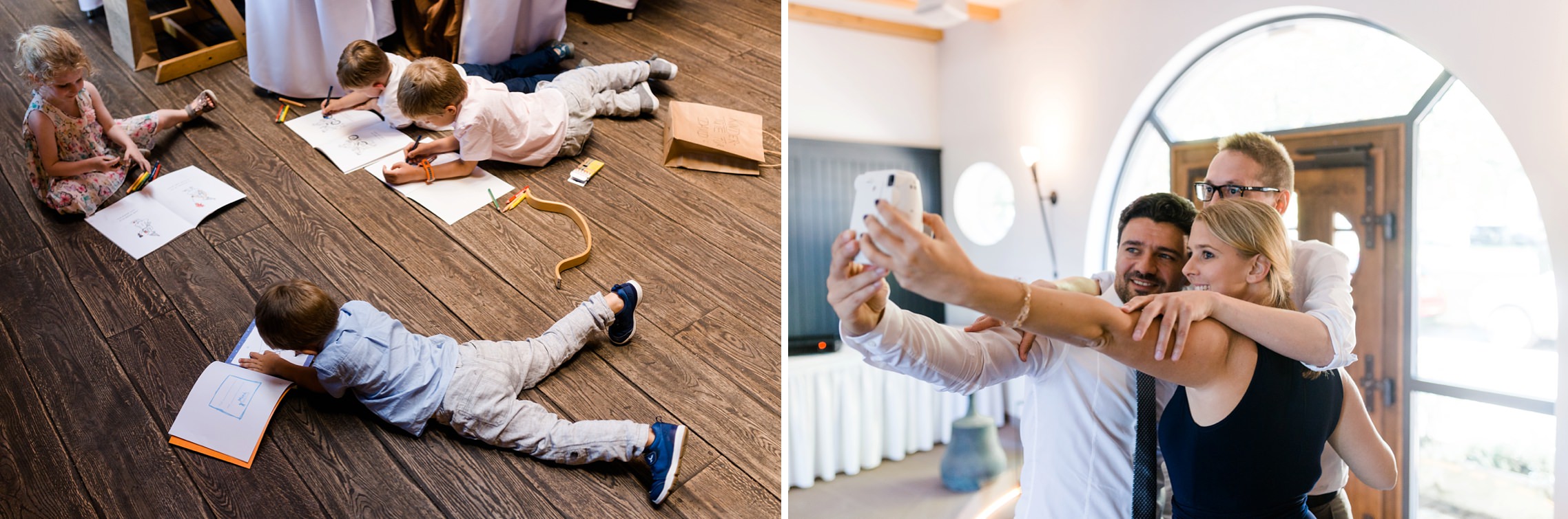 Eine Gruppe von Kindern malt während des Abendessens auf dem Boden im Grenzhof Heidelberg, während andere Gäste lustige Selfies mit einer Polaroid-Kamera schießen