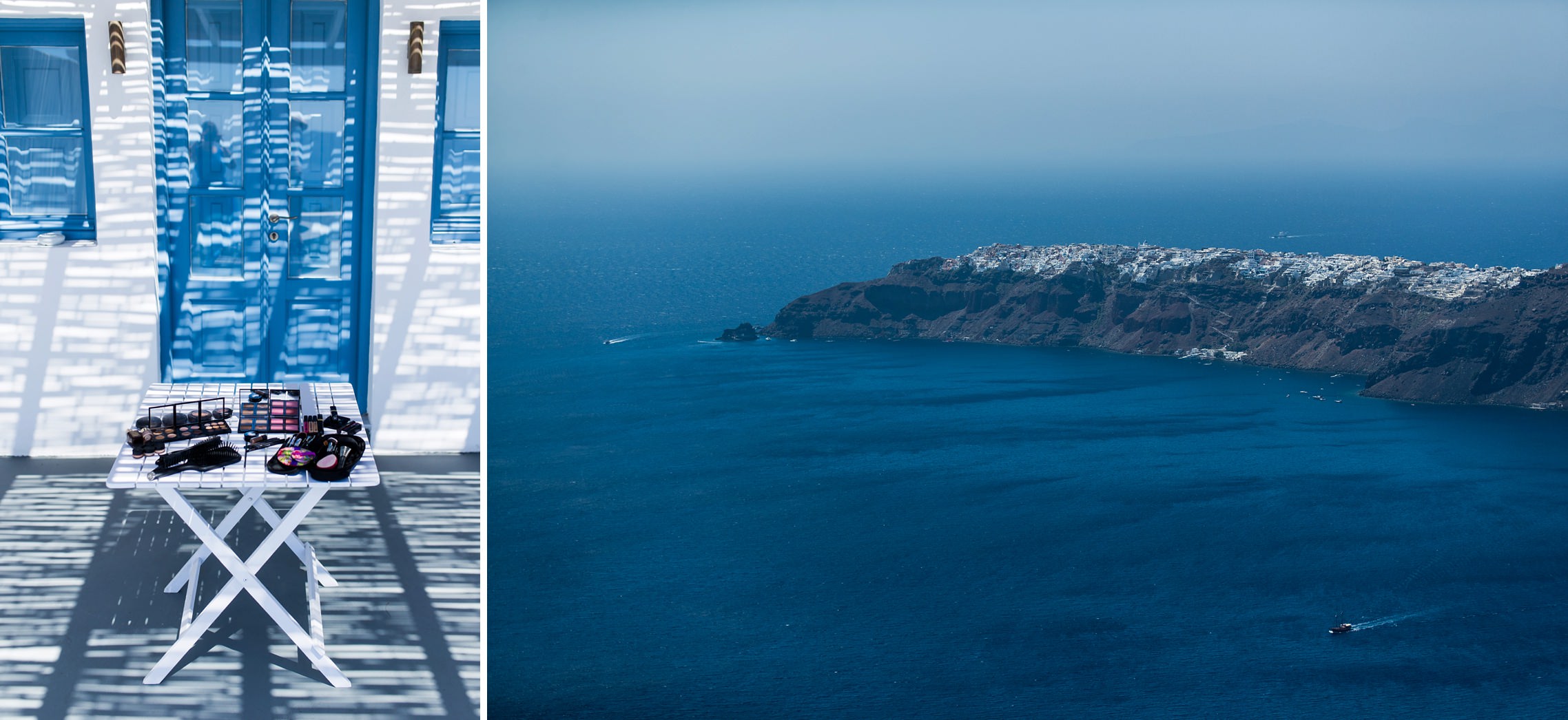 Der Schminktisch beim Getting Ready und ein Blick auf den westlichen Zipfel von Santorini