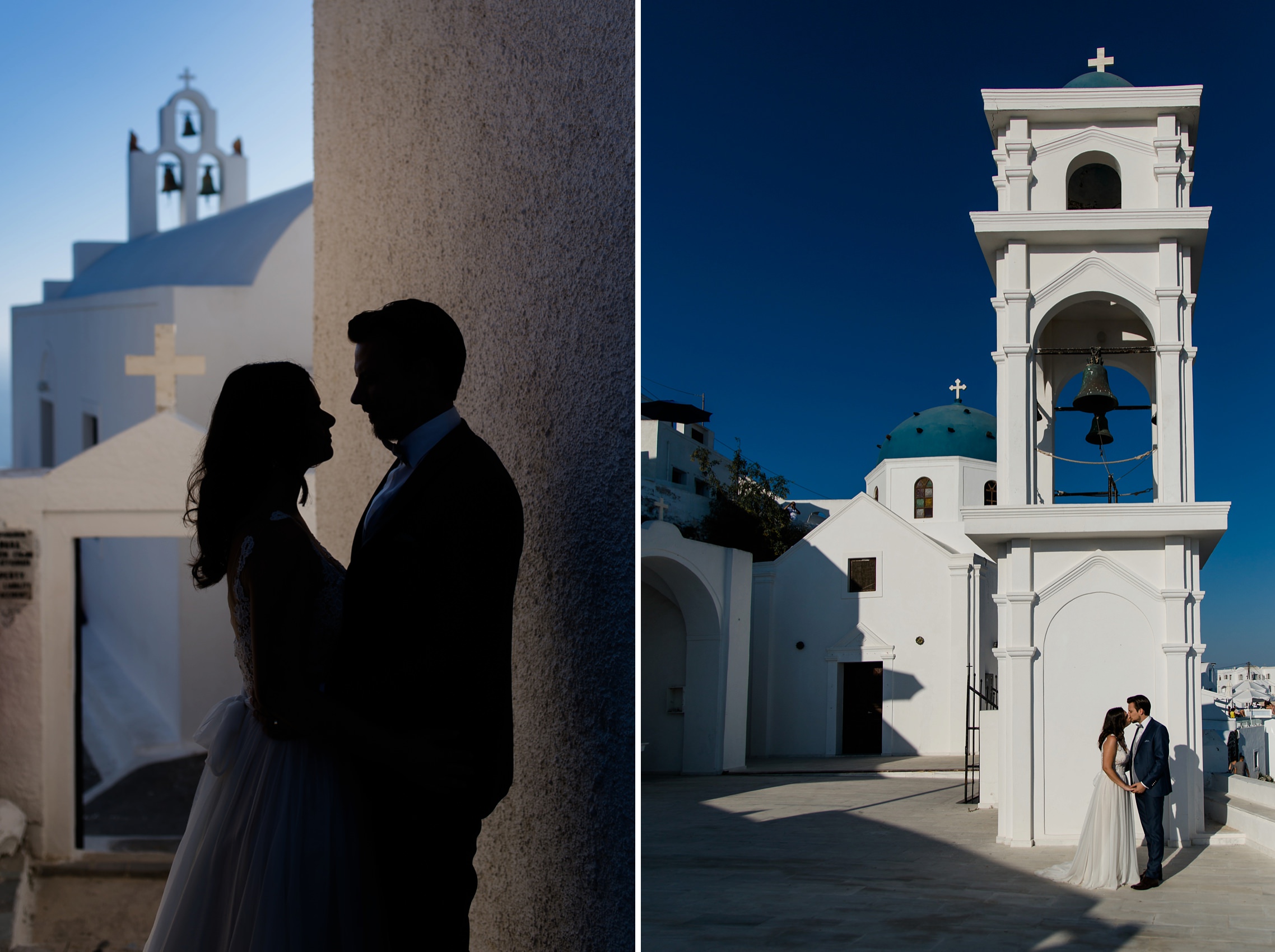 After-Wedding-Shooting Santorini: Ein romantisches Brautpaar - einmal als Silhouette - vor den malerischen Kulissen von Santorini mit den typischen weiß-blauen Farben