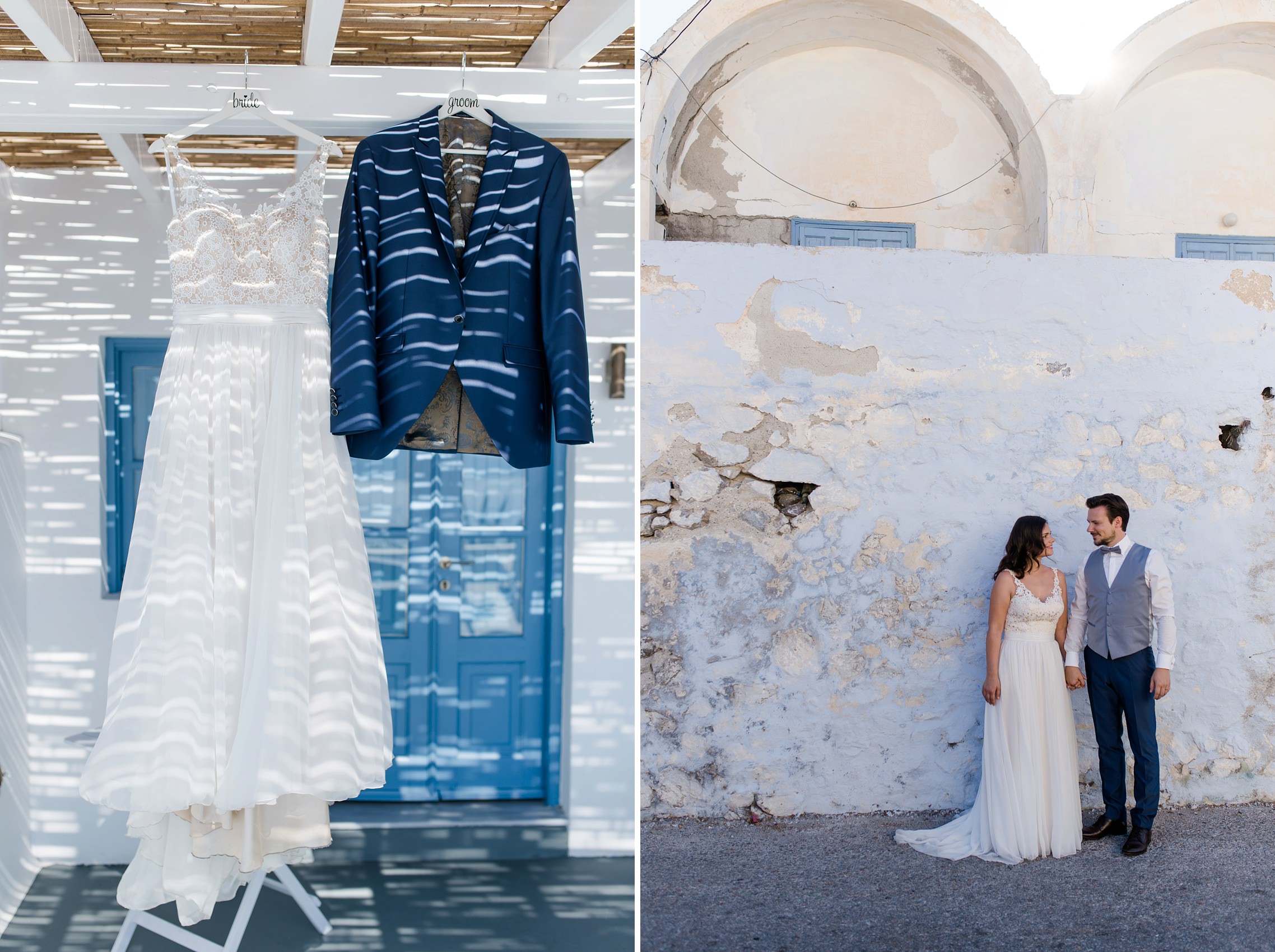 After-Wedding-Shooting Santorini: Brautpaar steht vor einer alten Mauer - der Putz bröckelt schon ab. Brautkleid und Anzug des Bräutigams hängen unter dem Strohdach.