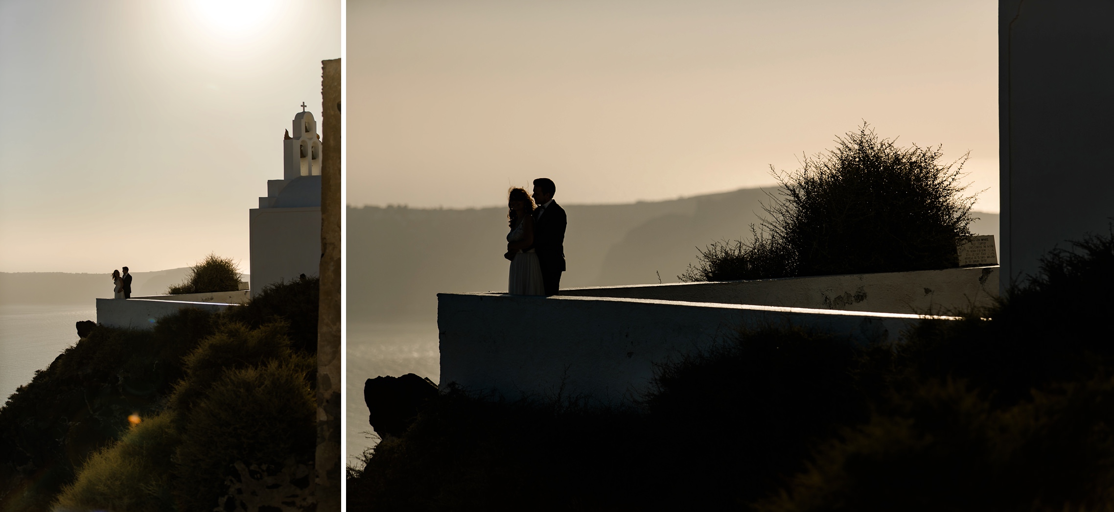 Hochzeitspaar steht als Silhouette vor einer Kapelle auf Santorini.