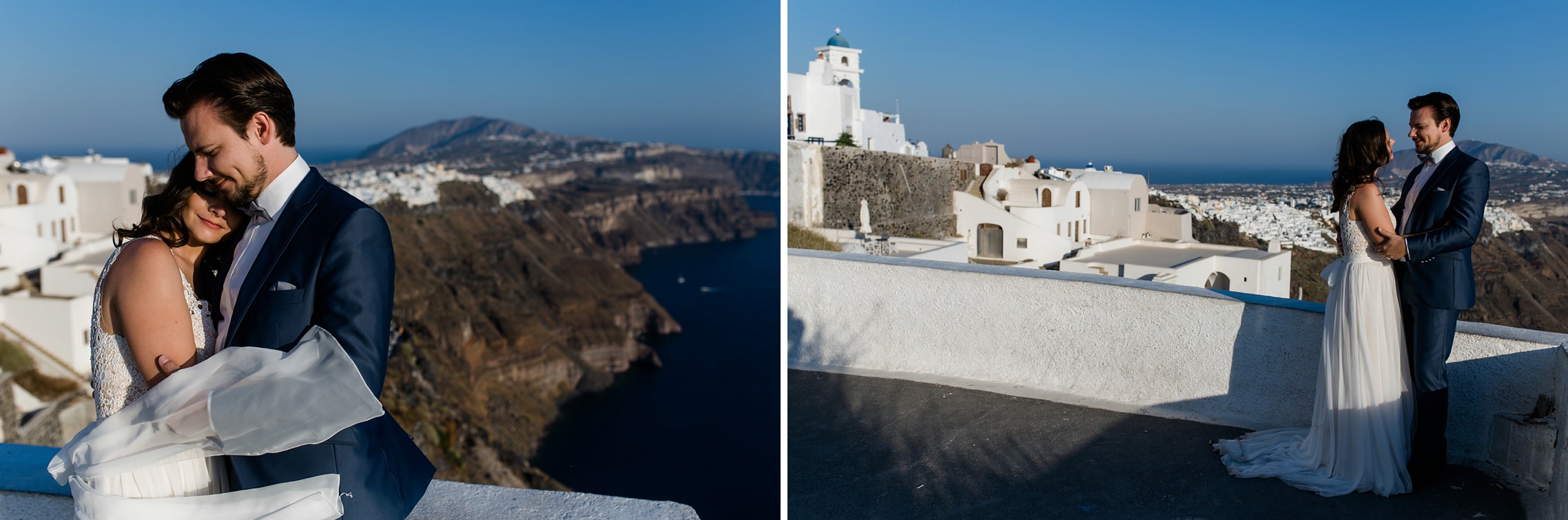 Hochzeitspaar beim After-Wedding-Shooting auf Santorini vor Häuserkulisse.