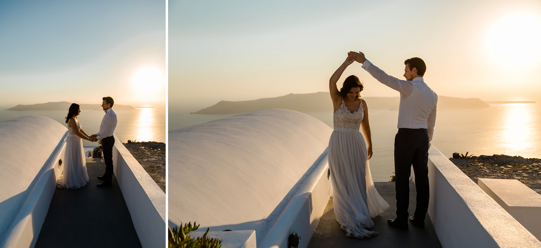 Brautpaar tanzt in den Sonnenuntergang auf Santorini - Elopement in Griechenland.