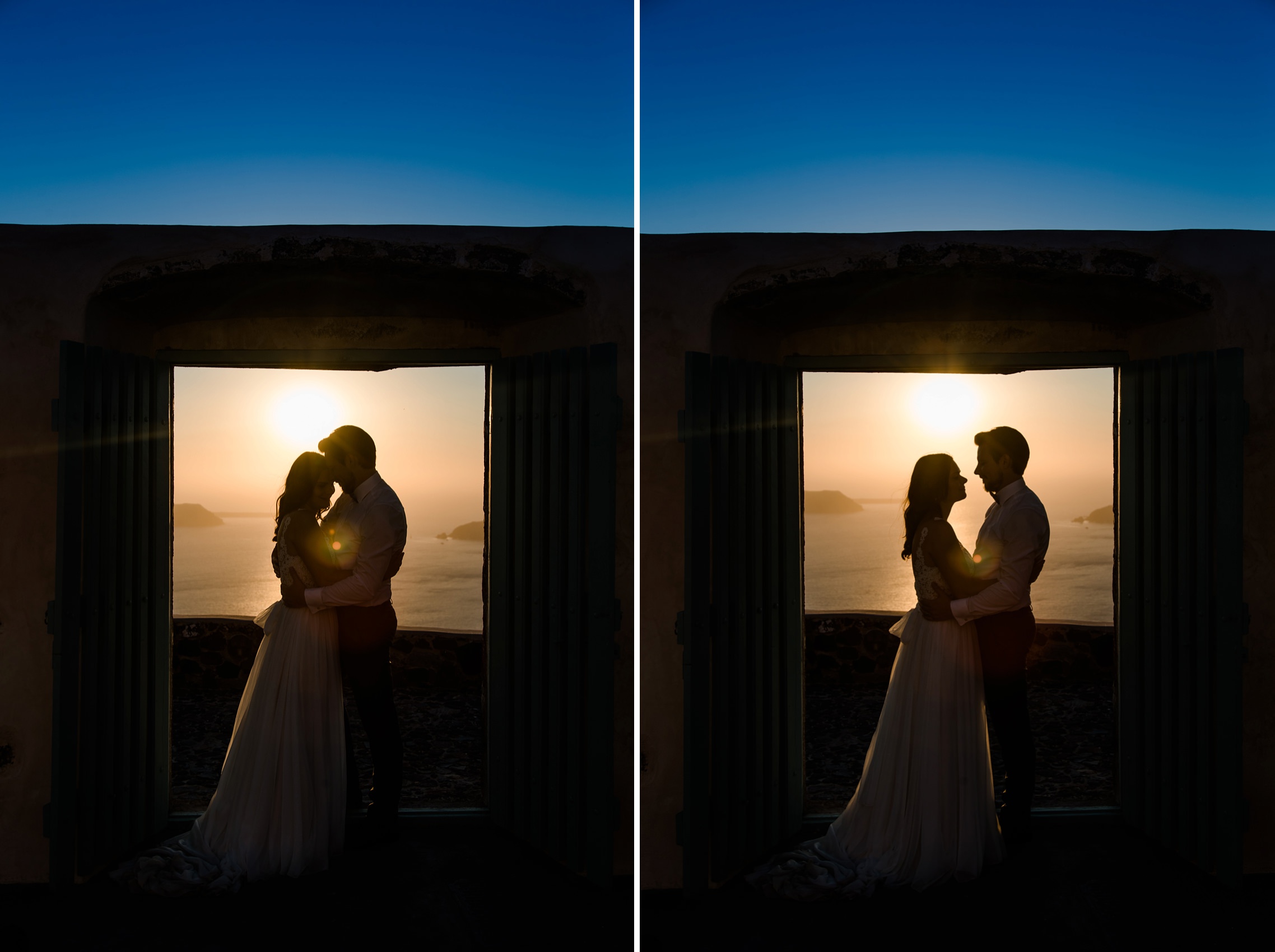 Hochzeitspaar auf Santorini im Gegenlicht.