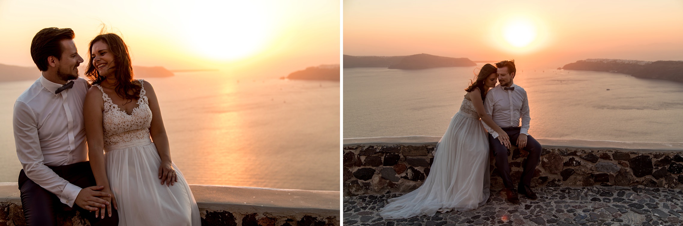 Brautpaar sitzt auf einer Steinmauer in Imerovigli, Santorini und genießt den Sonnenuntergang mit einem tollen Blick aufs Meer.