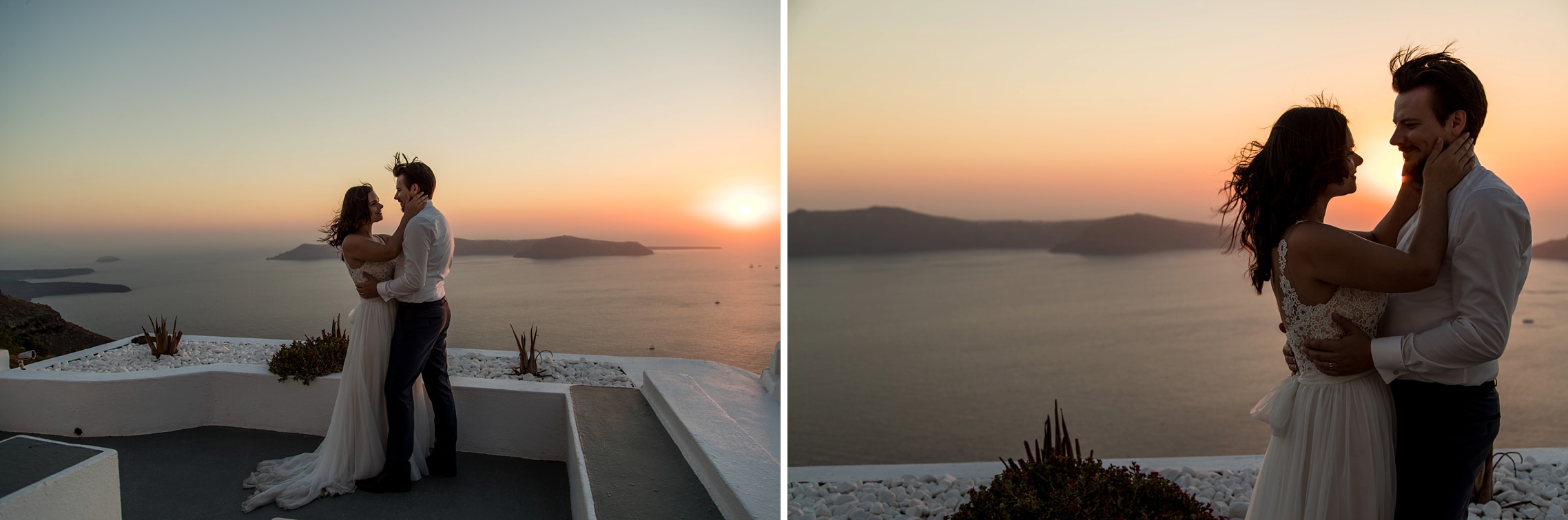 Hochzeitspaar in der Abendbrise beim Sonnenuntergang auf Santorini - Elopement in Griechenland.