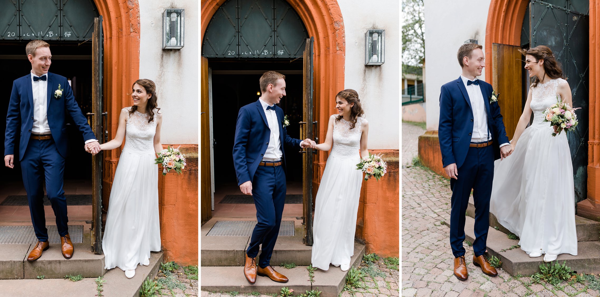 Braut und Bräutigam sehen sich zum ersten Mal in ihrer Hochzeitskleidung vor der katholischen Kirche in Erbach im Rheingau.