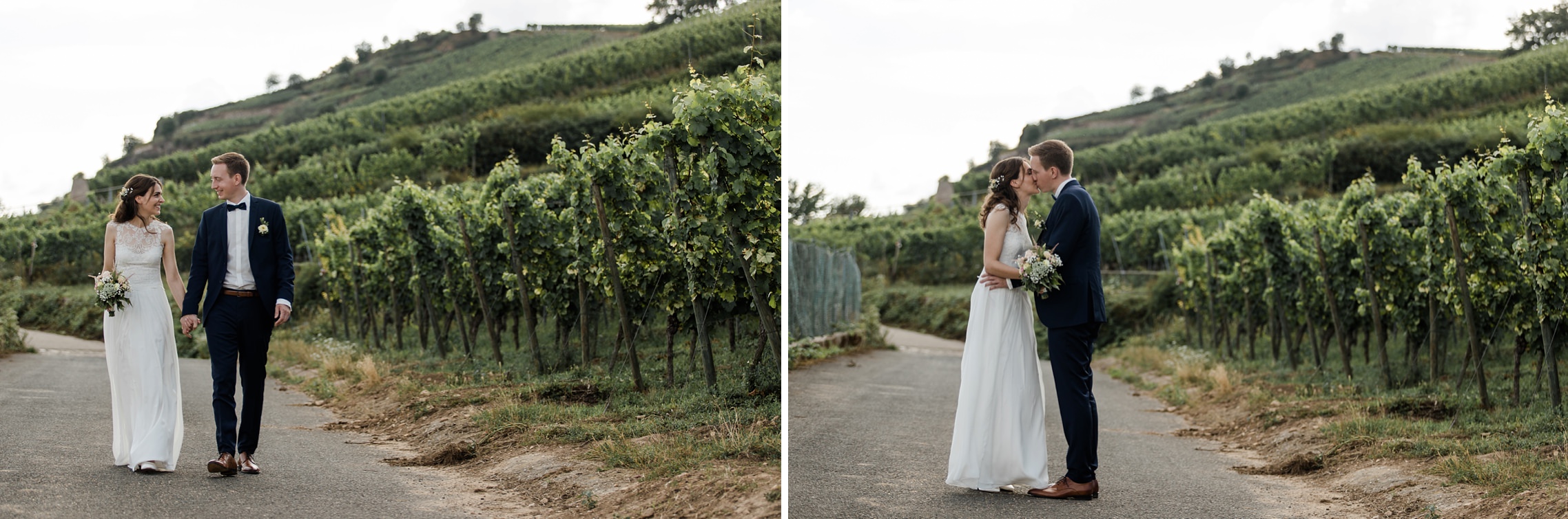 Romantisches Bild des Hochzeitspaares in den Weinbergen von Rüdesheim.