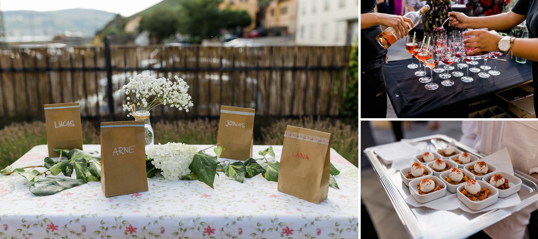 Fingerfood und Geschenketüten für die Kinder auf der Rheingau-Hochzeit im Bahnhof in Rüdesheim.