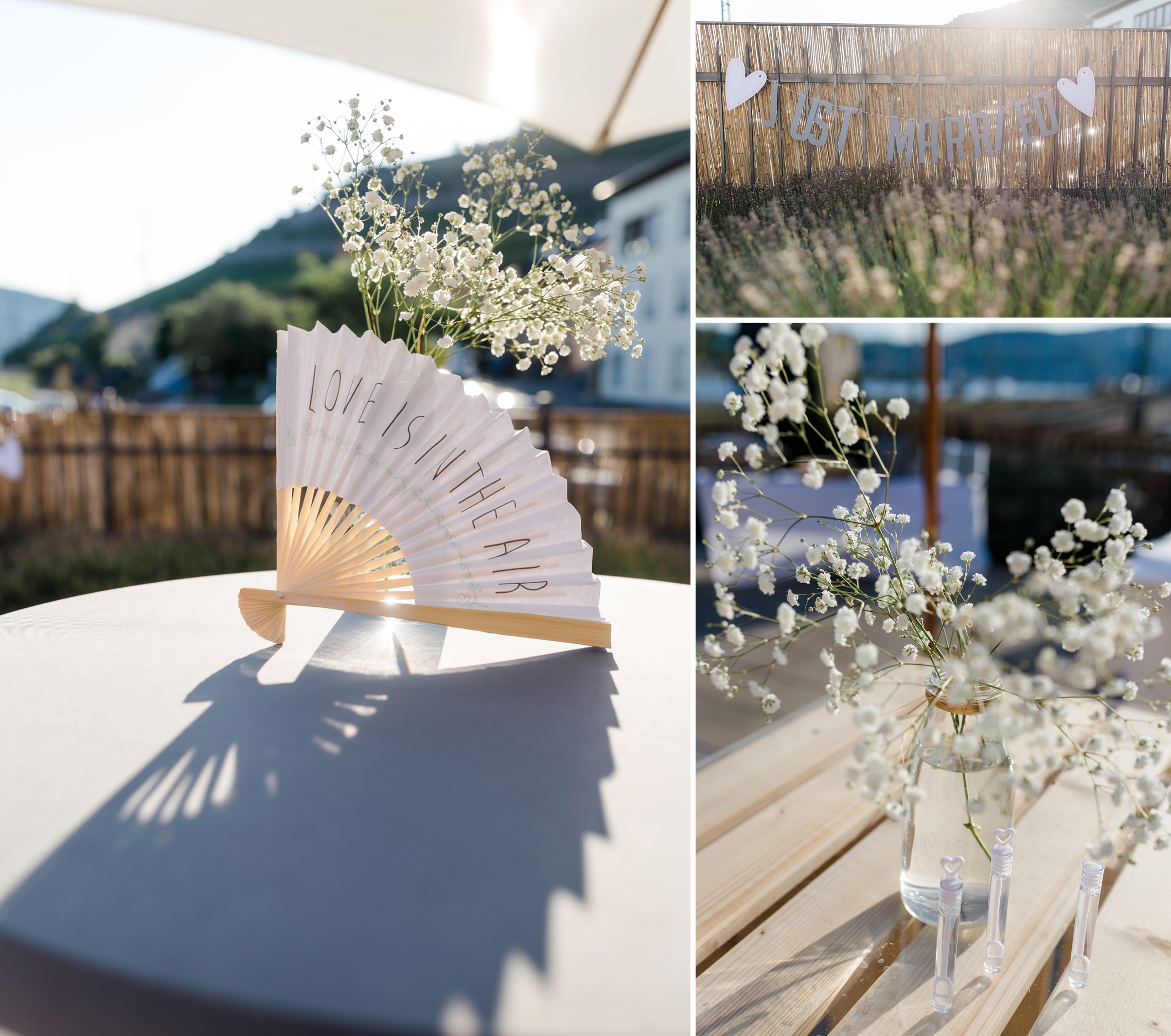 Deko-Details mit Blumen und Fächern bei dieser Rheingau-Hochzeit im Bahnhof in Rüdesheim.