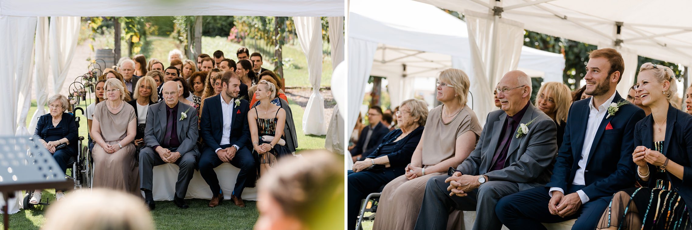 Die Familien und Freunde freuen sich mit dem Hochzeitspaar während der Freien Trauung im Weingut Fitz-Ritter in Bad Dürkheim. 