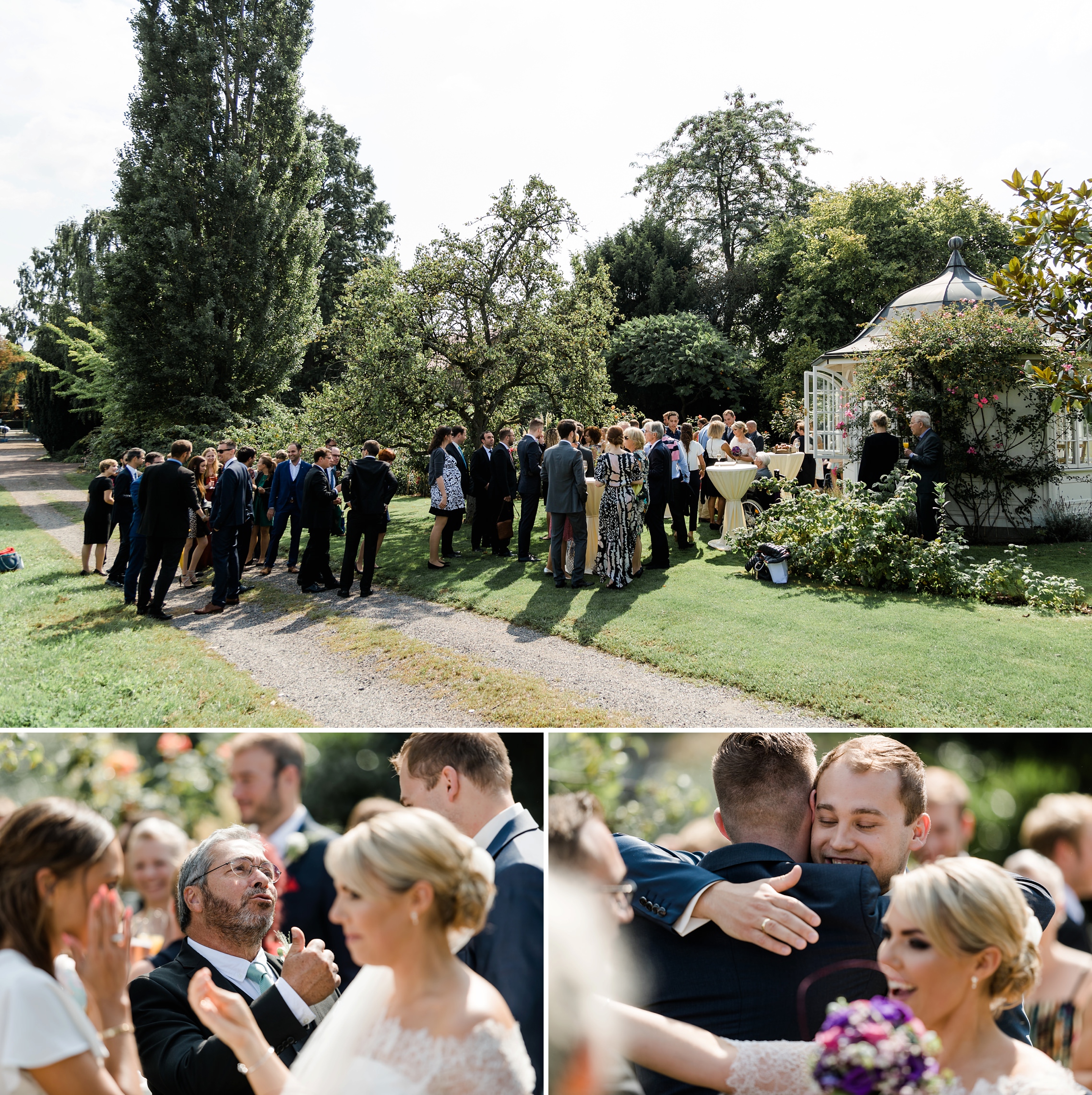 Die Gästen gratulieren dem Hochzeitspaar im wunderschönen Garten des Weingutes Fitz-Ritter in Bad Dürkheim.