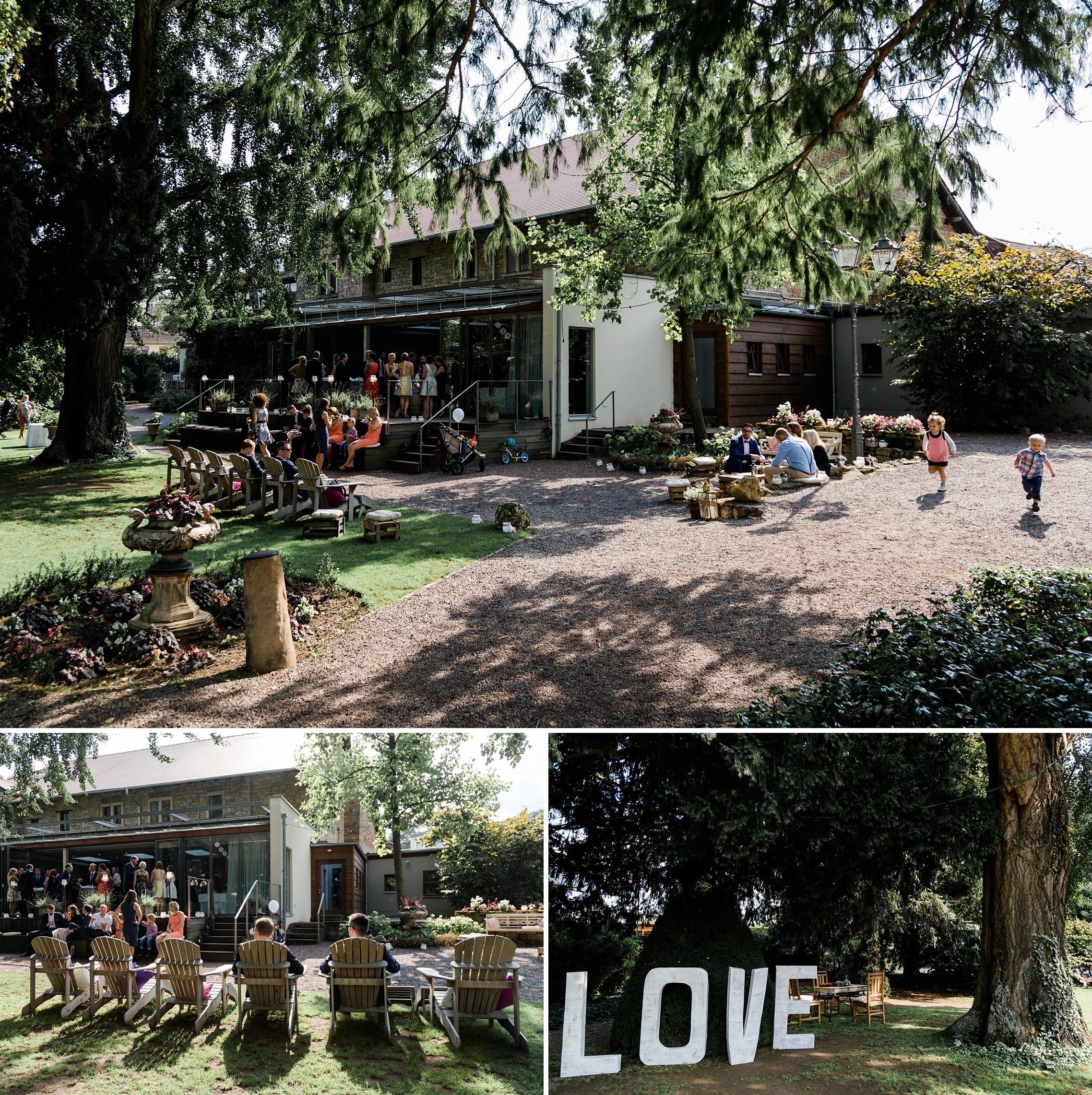 Die Hochzeitsgäste chillen an diesem lauen September-Nachmittag im Garten des Weingut Fitz-Ritter in Bad Dürkheim.