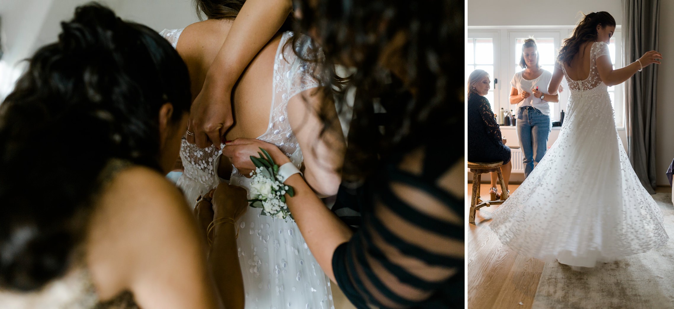 Das Brautkleid wird beim Getting Ready im Gut Hermannsberg zugeknöpft und die Braut dreht sich mit dem Kleid im Kreis.