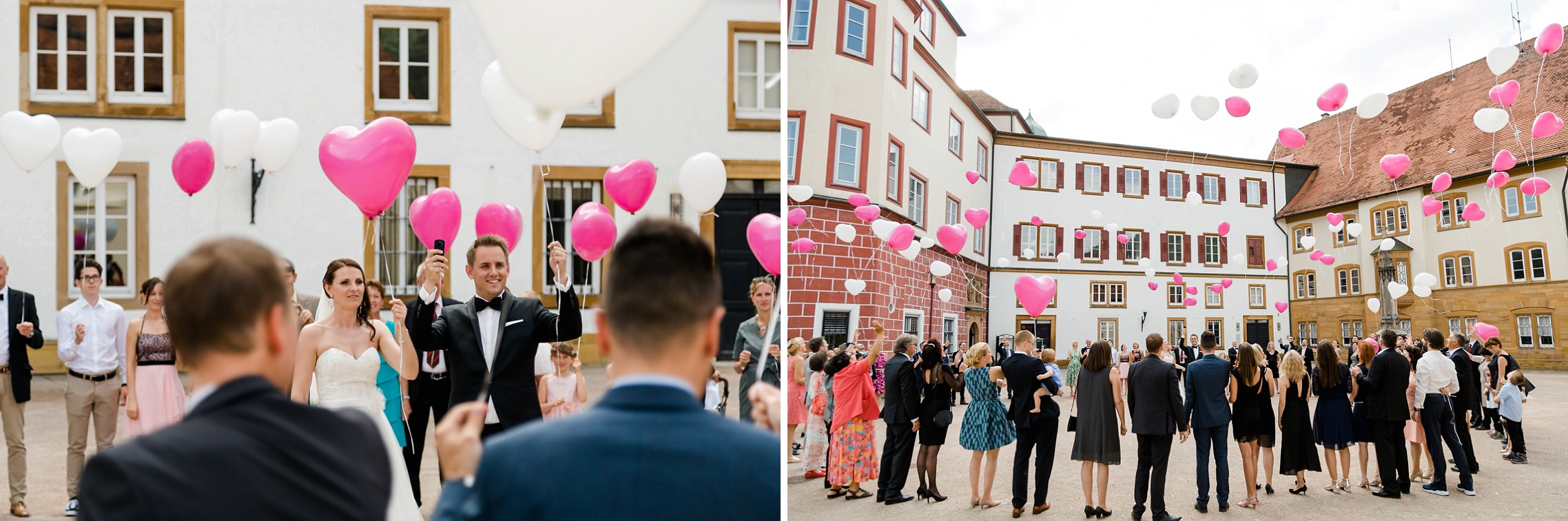 Hochzeitspaar lässt Luftballons im Hof von Schloß Donzdorf steigen