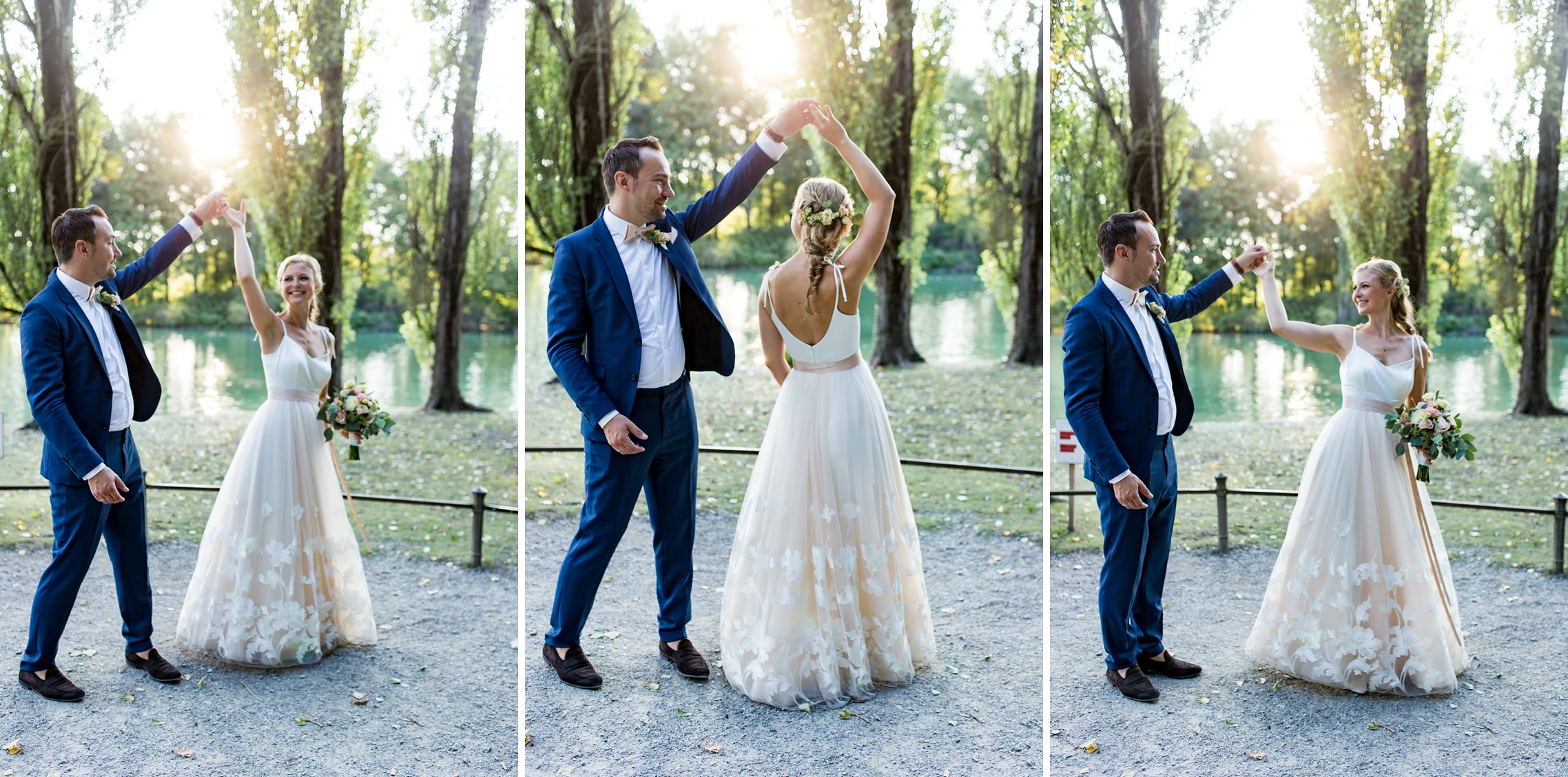 Braut und Bräutigam tanzen beim Hochzeits-Shooting im Englischen Garten