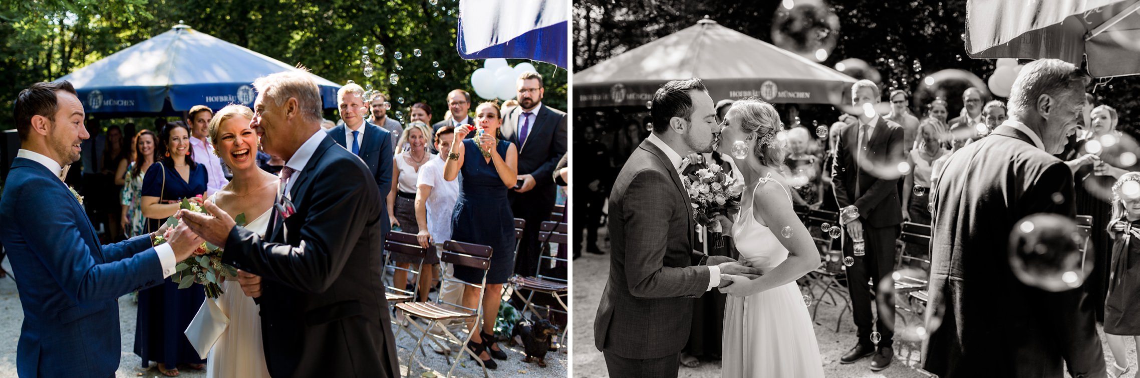 Brautvater übergibt seine Tochter dem Bräutigam - Hochzeit im Englischen Garten in München